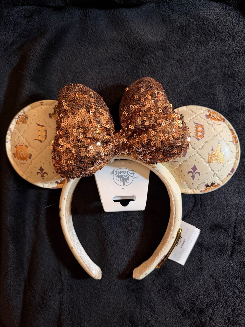 Disney Sequined Copper Bow Ear Headband with Cream Patterned Ears